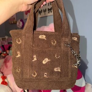 Brown Corduroy Tote Bag with Chain Detail